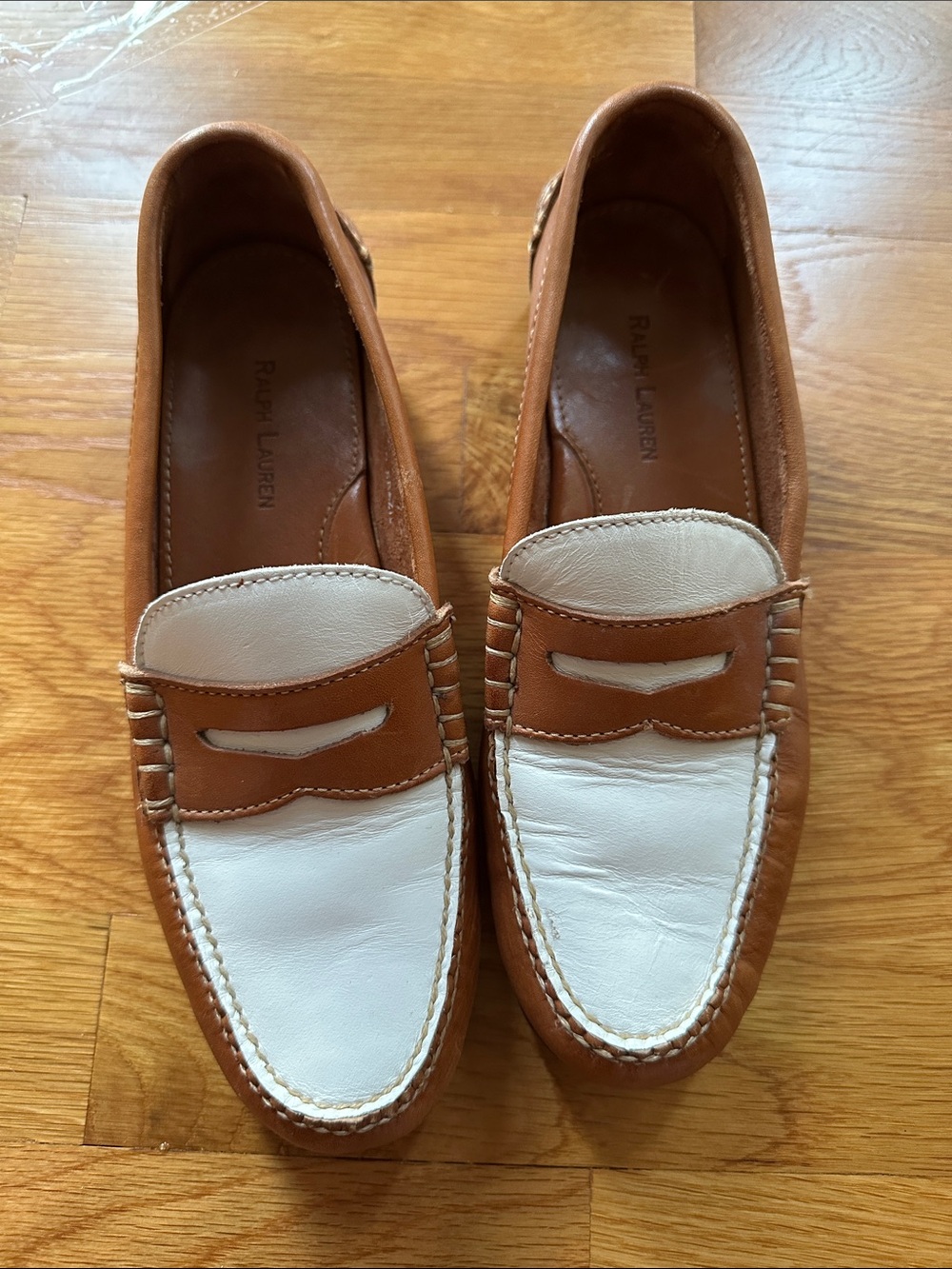 Ralph Lauren White and Tan Leather Penny Loafers size 7 women